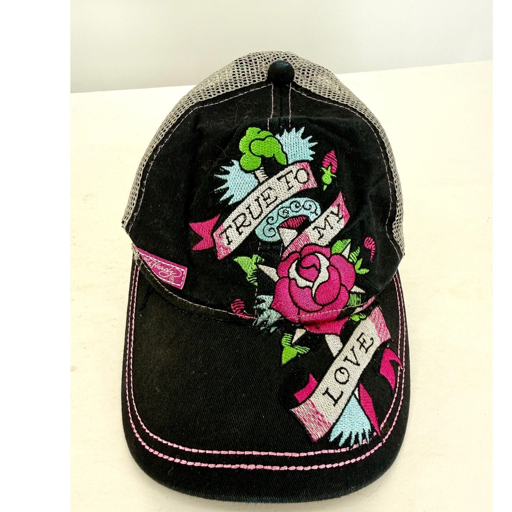 Ed Hardy True To My Love Rose Trucker Hat Y2K‎ Tattoo Streetwear Snapback